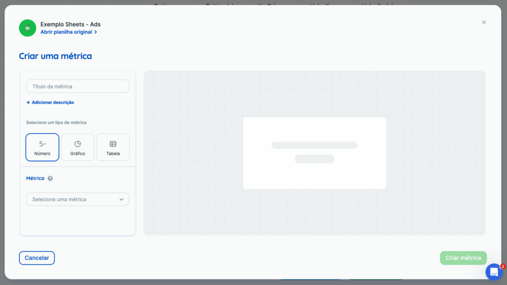 Criação de métricas, gráficos ou tabelas