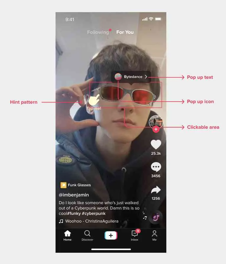 Exemplo de anúncio Branded Effects no TikTok, mostrando interação visual com elementos clicáveis e ícones animados