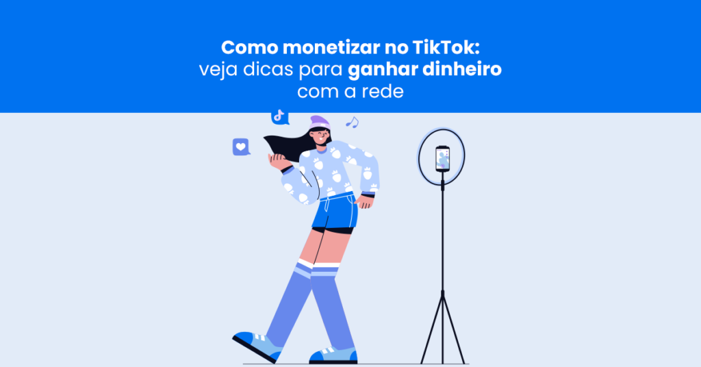 Ilustração de uma criadora de conteúdo gravando vídeos com smartphone em tripé, representando ações para monetizar no TikTok por meio da criação de vídeos e engajamento na plataforma