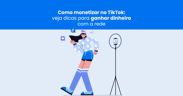 Ilustração de uma criadora de conteúdo gravando vídeos com smartphone em tripé, representando ações para monetizar no TikTok por meio da criação de vídeos e engajamento na plataforma