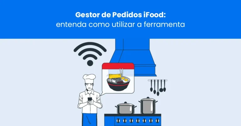Ilustração mostrando cozinheiro recebendo pedidos online via gestor de pedidos iFood em ambiente de cozinha industrial.