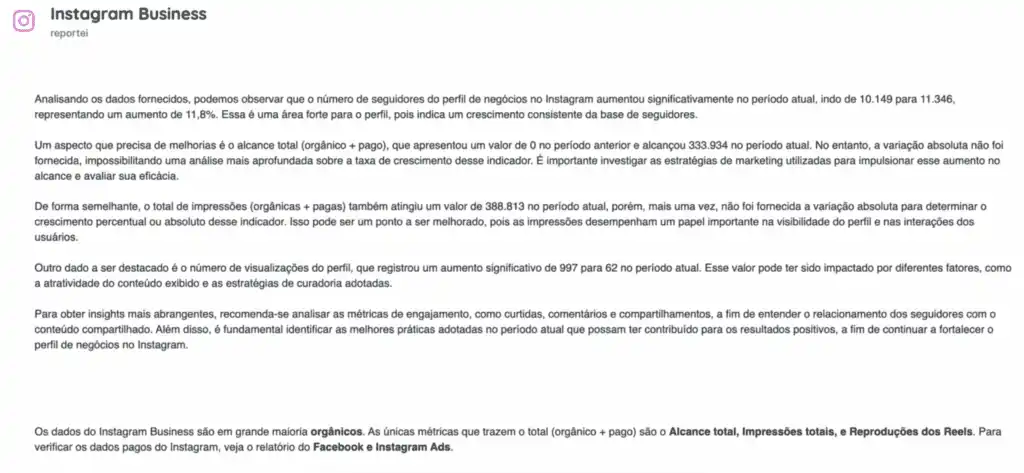 Tela do Reportei mostrando a IA no marketing digital para análise de Instagram