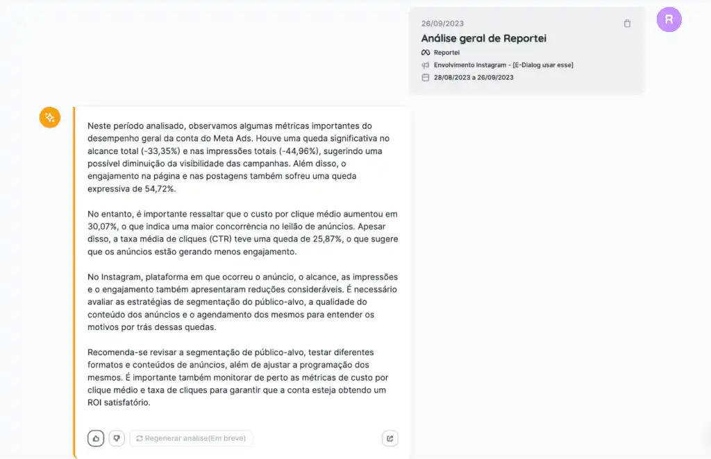 Tela do Reportei mostrando a IA no marketing digital para análise de tráfego pago