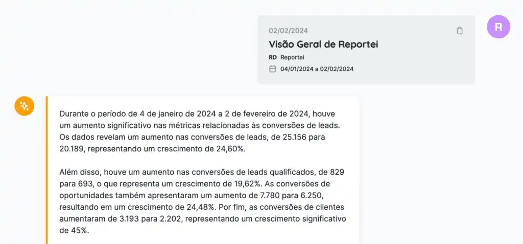Tela do Reportei mostrando a IA no marketing digital para análise de e-mail