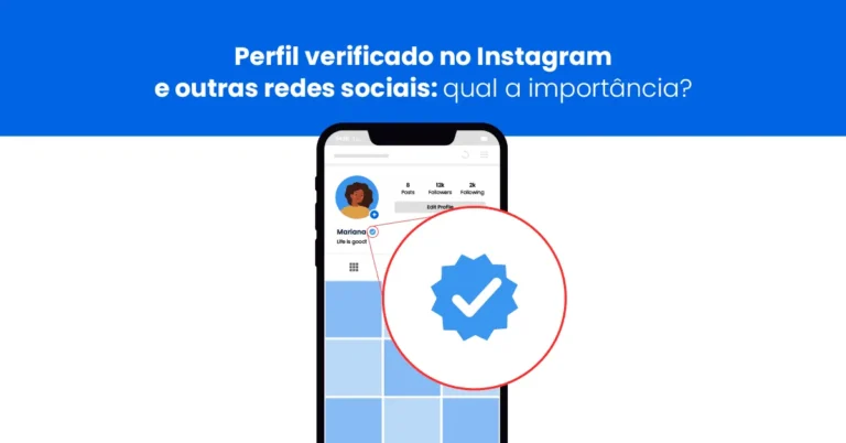 Ilustração de um perfil verificado no Instagram com selo de autenticação destacado em um smartphone.