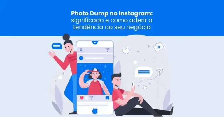 Ilustração sobre Photo Dump no Instagram mostrando jovens usando celular e explorando a tendência digital.