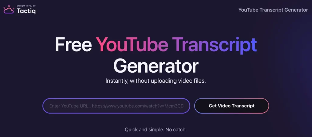 Interface da Tactiq, extensão para transcrever vídeo do Youtube, exibindo seus recursos.